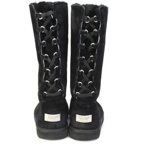 Ugg back lace black leather shearling boots